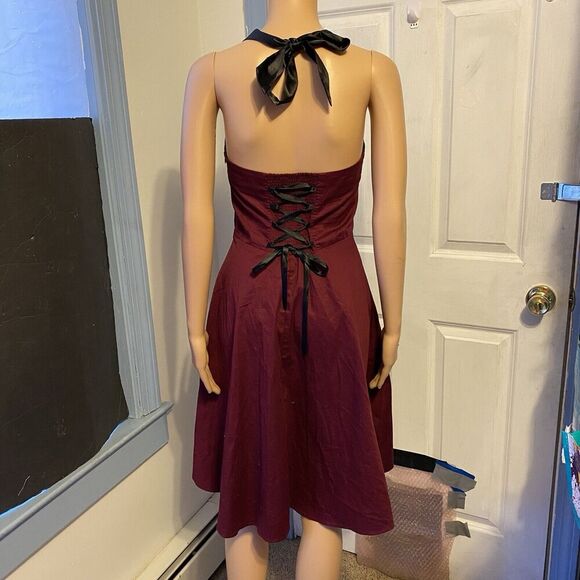 VTG 1980s Dressystar Milkmaid MidiDress MaroonBlack Goth Vamp Halter Strap Tie - Picture 8 of 12